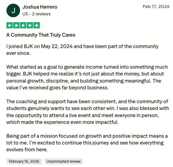 Trustpilot 5-star review from Joshua Herrero titled A Community That Truly Cares