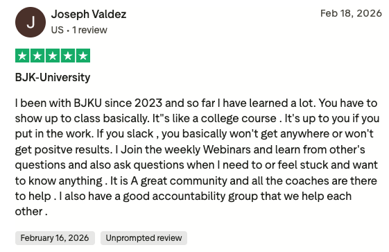 Trustpilot 5-star review from Joseph Valdez titled BJK-University