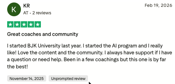 Trustpilot 5-star review from KR titled Great coaches and community