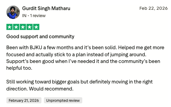Trustpilot 5-star review from Gurdit Singh Matharu titled Good support and community