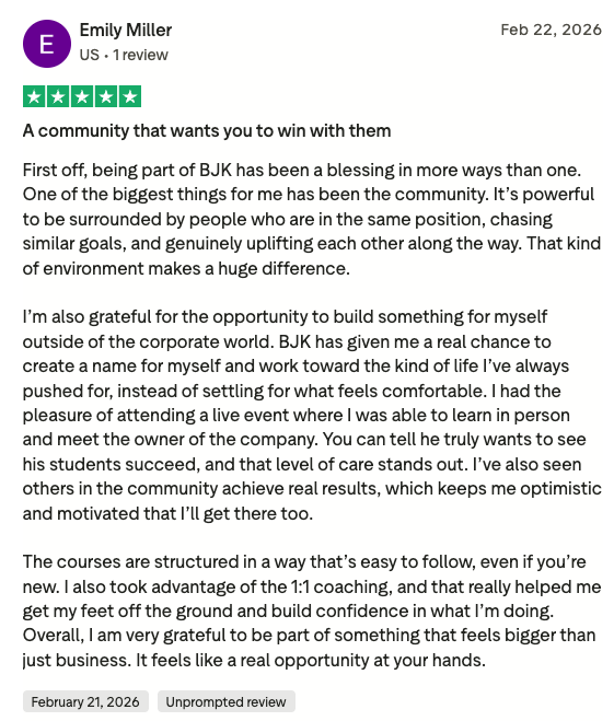 Trustpilot 5-star review from Emily Miller titled A community that wants you to win with them