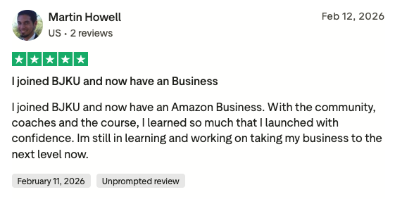 Trustpilot 5-star review from Martin Howell titled I joined BJKU and now have an Amazon Business